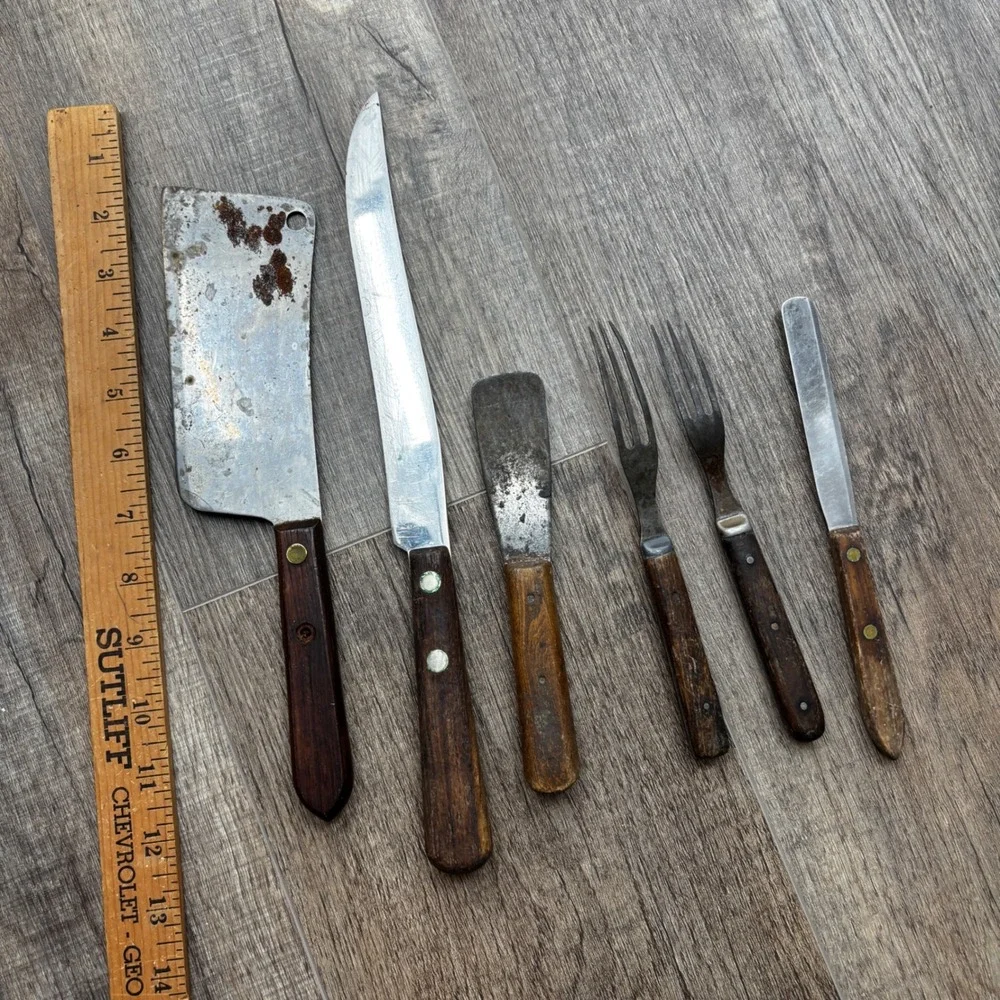 Vintage Wood‎ Handle Kitchen Knife Set Cleaver Slicer Forks Quikut Flint 6pc
